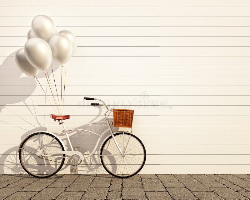Bicicletta d'annata dei pantaloni a vita bassa con il pallone davanti alla parete immagine stock Bicicletta d'annata dei pantaloni a vita bassa con il pallone davanti alla parete immagine stock