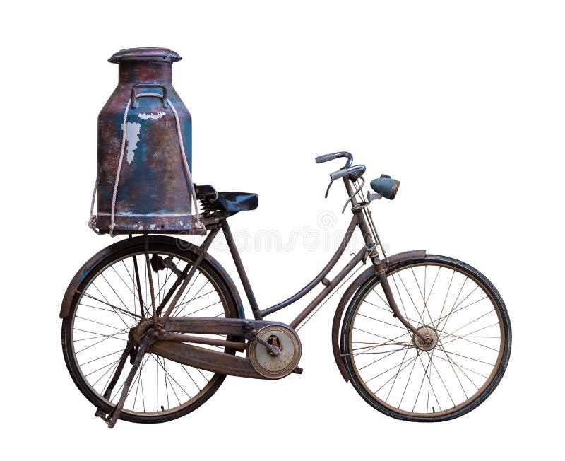 Bicicletta d'annata e secchi o bidone del latte di alluminio isolati fotografia stock libera da diritti Bicicletta d'annata e secchi o bidone del latte di alluminio isolati fotografia stock libera da diritti
