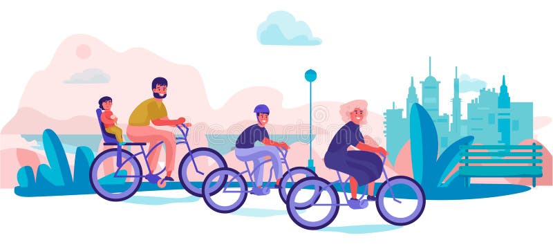 Biciclette di guida della famiglia in parco Viaggio di festa dei bambini e dei genitori, personaggi dei cartoni animati d'avangua royalty illustrazione gratis Biciclette di guida della famiglia in parco Viaggio di festa dei bambini e dei genitori, personaggi dei cartoni animati d'avangua royalty illustrazione gratis