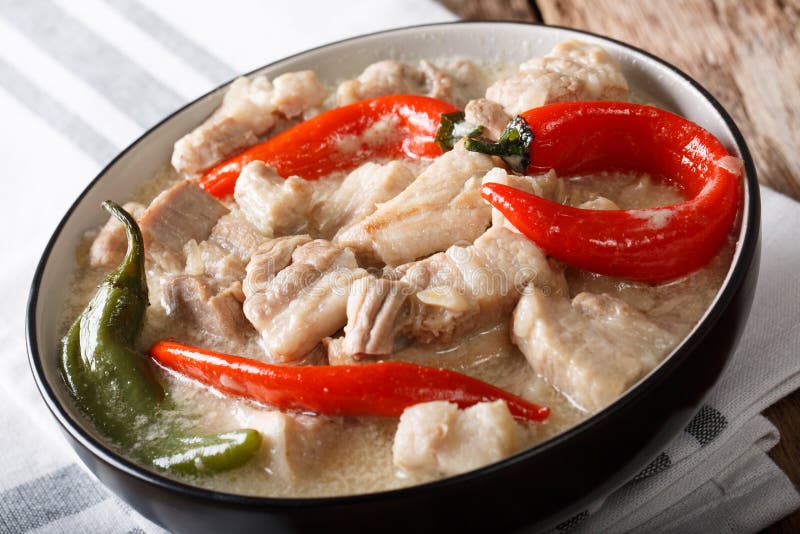 Bicol Express with red and green chili close-up in a bowl. horizontal