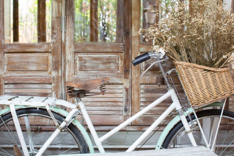 Bicycle com uma cesta de um ramalhete secado