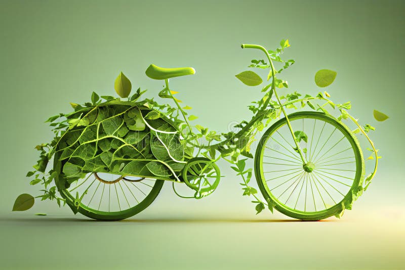 Bicycle covered with green leaf tendril, eco and environment concept, sustainable transport and travel