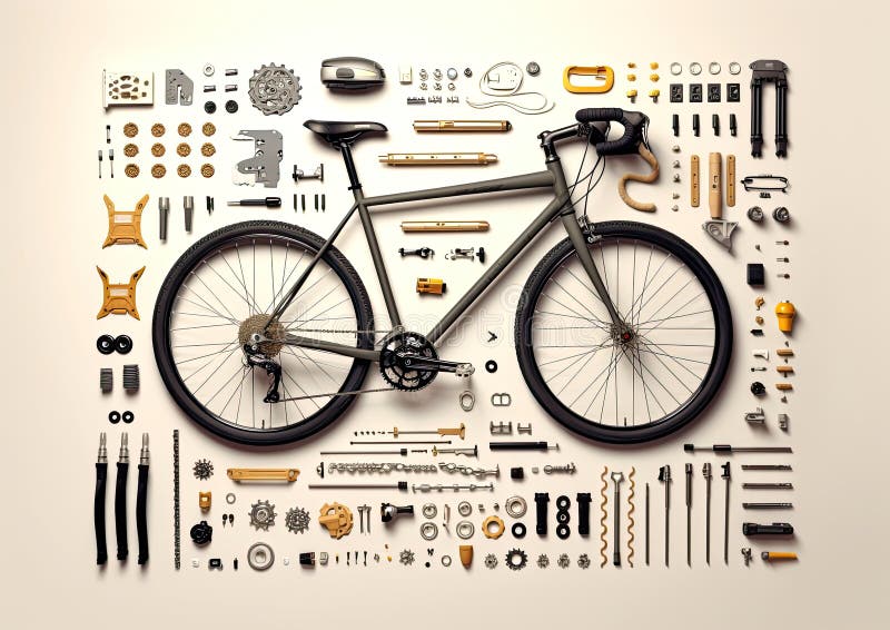 Bicycle Deconstructed Knolling Layout Generative AI Illustration