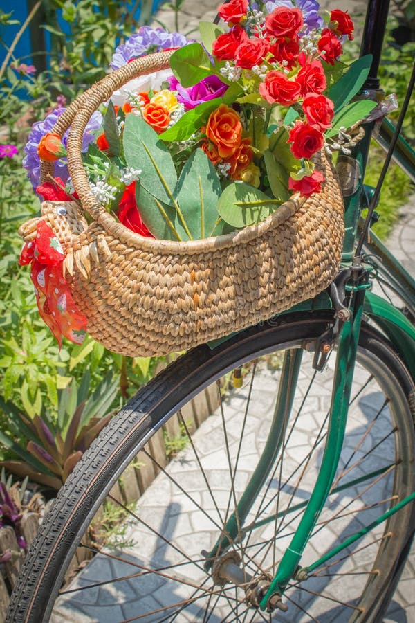Bicycle with flower basket stock image. Image of background 74042483