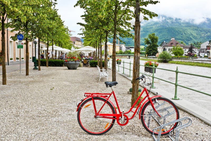 Bicycle near river in Bad Ischl royalty free stock photography