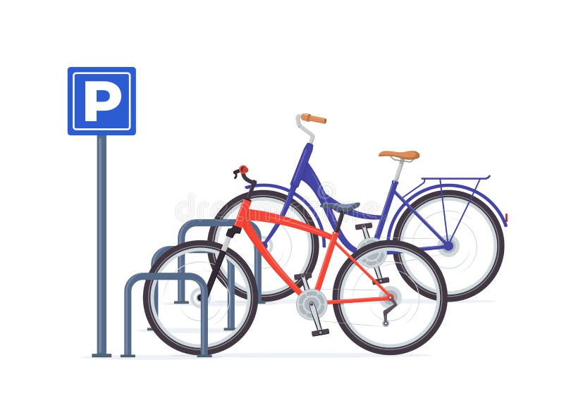 Bicycle Parking. Modern Bicycles at Parking Sign Stock Vector