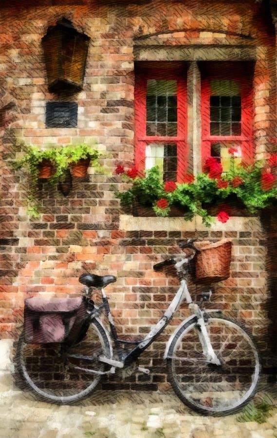 Bicycle and red window on brick wall vintage Retro stylish cycling in town old bike commuting in city urban environment ecological stock photography