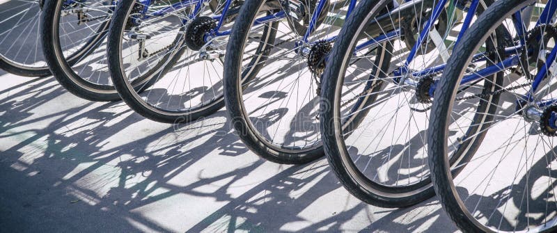 Bicycle rent Public bicycles, sharing  bikes saddle. Detail view of a bike wheel with more bicycles lined up. Bicycle rent. Closeu