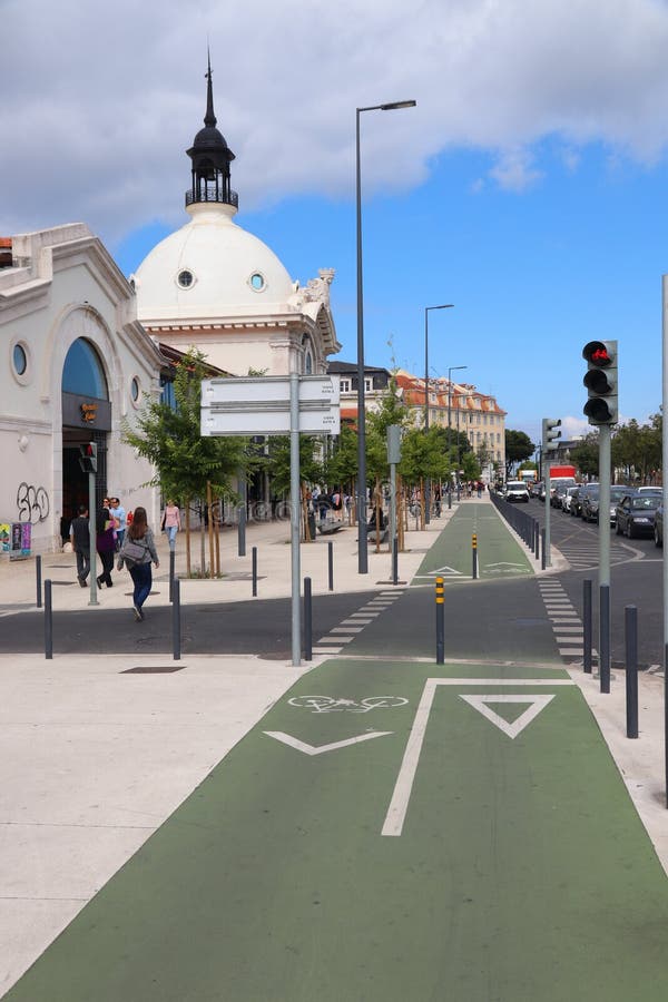 LISBON, PORTUGAL - JUNE 6, 2018: Bicycle route in Lisbon, Portugal. Lisbon is the 11th-most populous urban area in the EU 2.8 million people