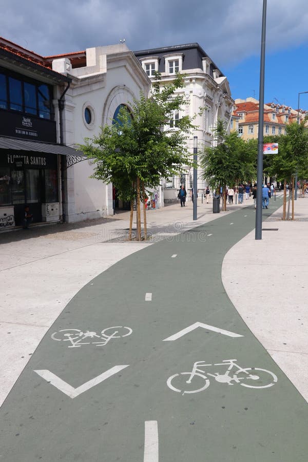 LISBON, PORTUGAL - JUNE 6, 2018: Bicycle way in Lisbon, Portugal. Lisbon is the 11th-most populous urban area in the EU 2.8 million people