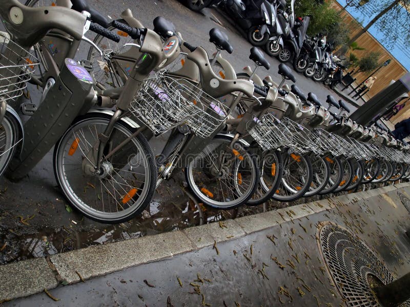 Bicycles in a Row, a Public Bike Sharing System in Paris Stock Image