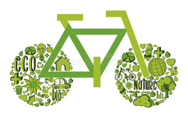 Bicyclette verte avec les icônes environnementales illustration de vecteur Bicyclette verte avec les icônes environnementales illustration de vecteur