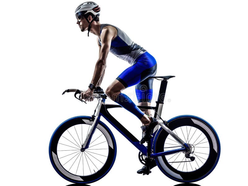 Man triathlon iron man athlete biker cyclist bicycling biking in silhouette on white background. Man triathlon iron man athlete biker cyclist bicycling biking in silhouette on white background