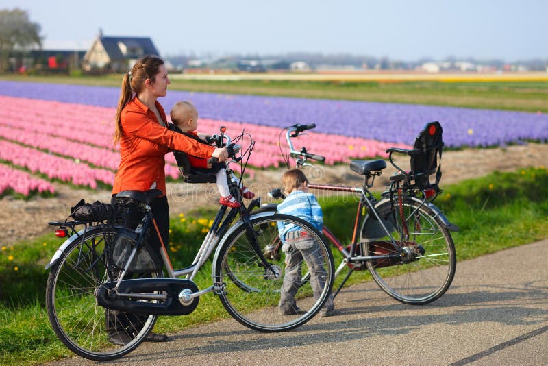 Family with two kids bicycling in dutch countryside. Tulip fields on background. Family with two kids bicycling in dutch countryside. Tulip fields on background