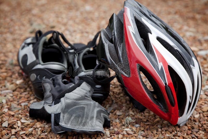 Still life arrangement of bicycling safety gear. Still life arrangement of bicycling safety gear