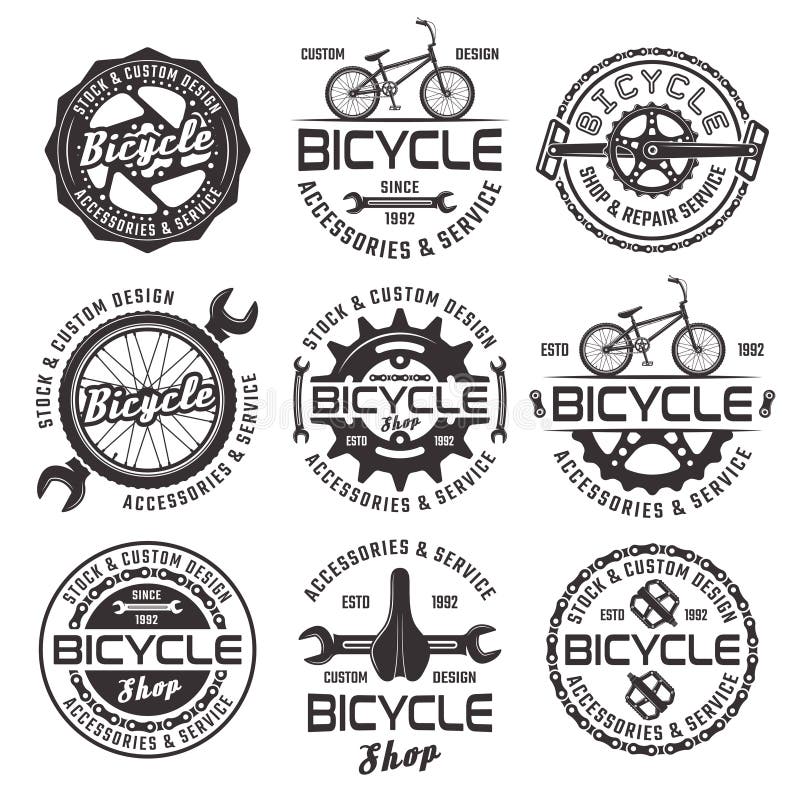 Bicykli/lów sklepowi wektorowi emblematy, odznaki i etykietki ilustracja wektor