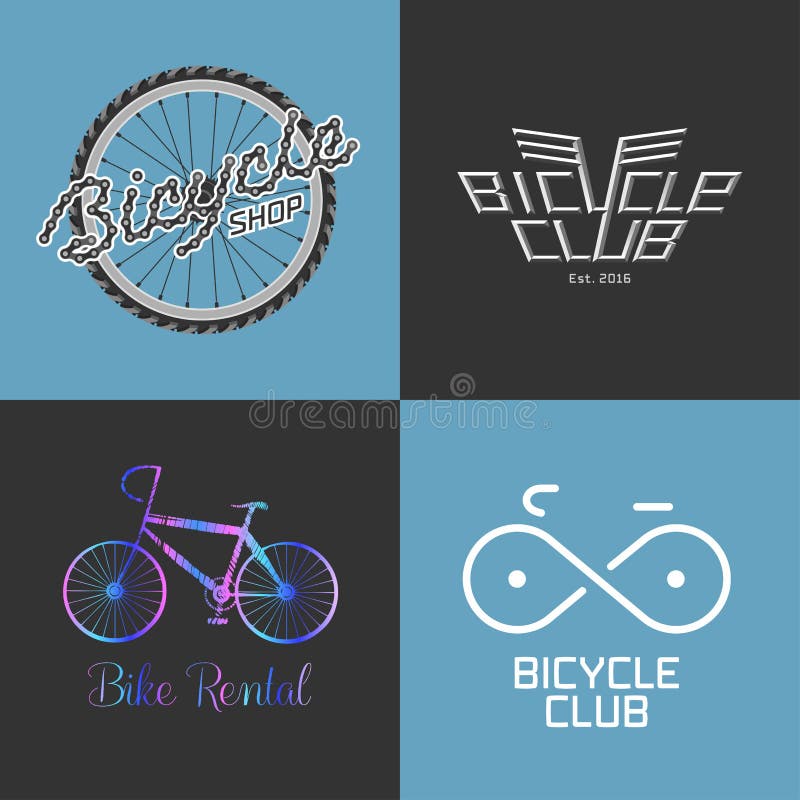 Bicyklu sklep, dzierżawi rower, bicykl naprawy set, kolekcja wektorowy logo ilustracja wektor