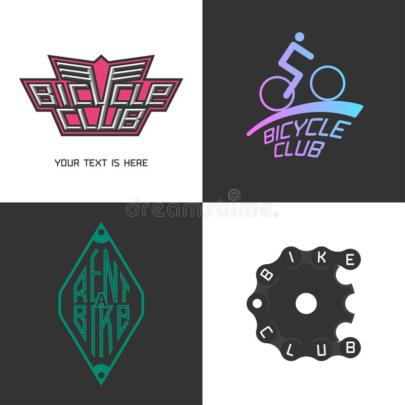 Bicyklu sklep, dzierżawi rower, bicykl naprawy wektorowy logo set ilustracji