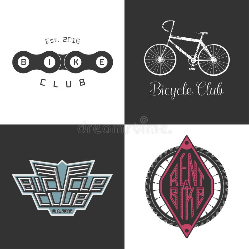 Bicyklu sklep, dzierżawi rower, bicykl naprawy wektorowy logo set, ikona royalty ilustracja