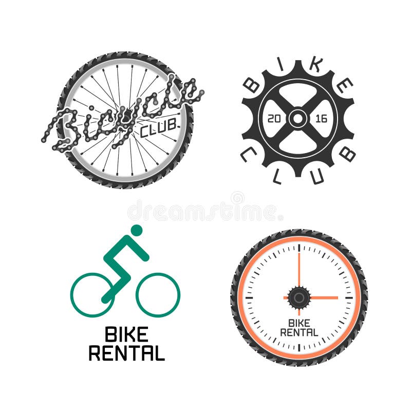 Bicyklu sklep, dzierżawi rower, bicykl naprawy wektorowy logo set, ikona ilustracji