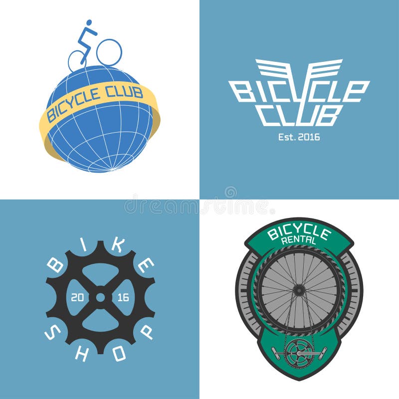 Bicyklu sklep, dzierżawi rower, bicykl naprawy wektorowy logo set, ikona, symbol ilustracji