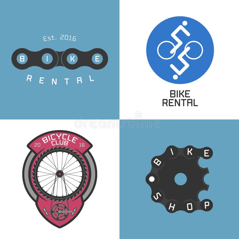 Bicyklu sklep, dzierżawi rower, bicykl naprawy wektorowy logo set, ikona, symbol ilustracji
