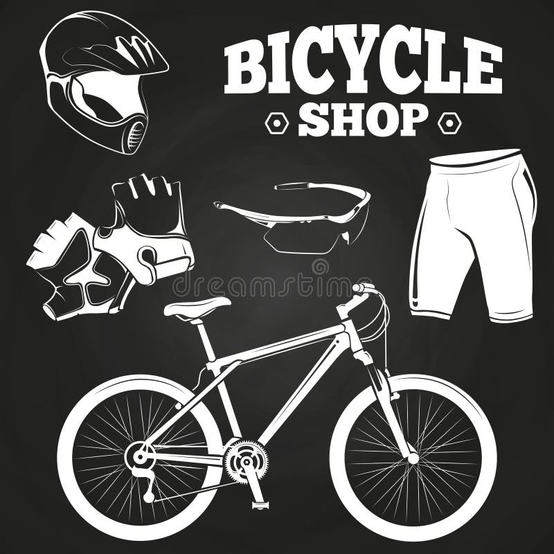 Bicyklu sklep na blackboard - hełm, bicykl, rękawiczki ilustracji