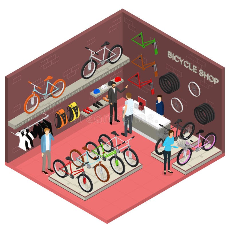 Bicyklu Sklepowy wnętrze z Meblarskim Isometric widokiem wektor royalty ilustracja