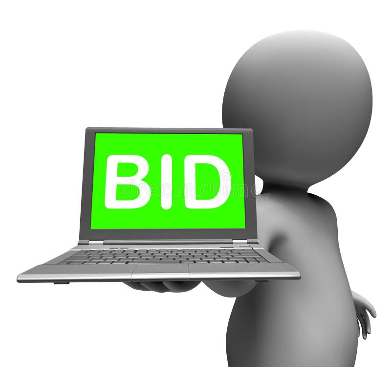 Bid Laptop Character Shows Bids Bidding Or Auction Online. Bid Laptop Character Showing Bids Bidding Or Auction Online stock illustration Bid Laptop Character Shows Bids Bidding Or Auction Online. Bid Laptop Character Showing Bids Bidding Or Auction Online stock illustration