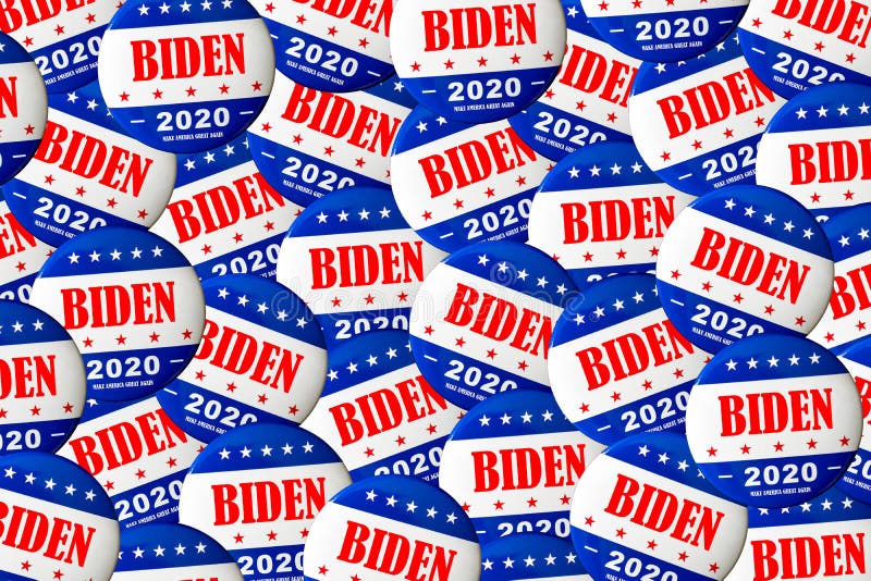 Biden presidential election campaign buttons spread all over table with 2020 and make america great again text royalty free stock photography
