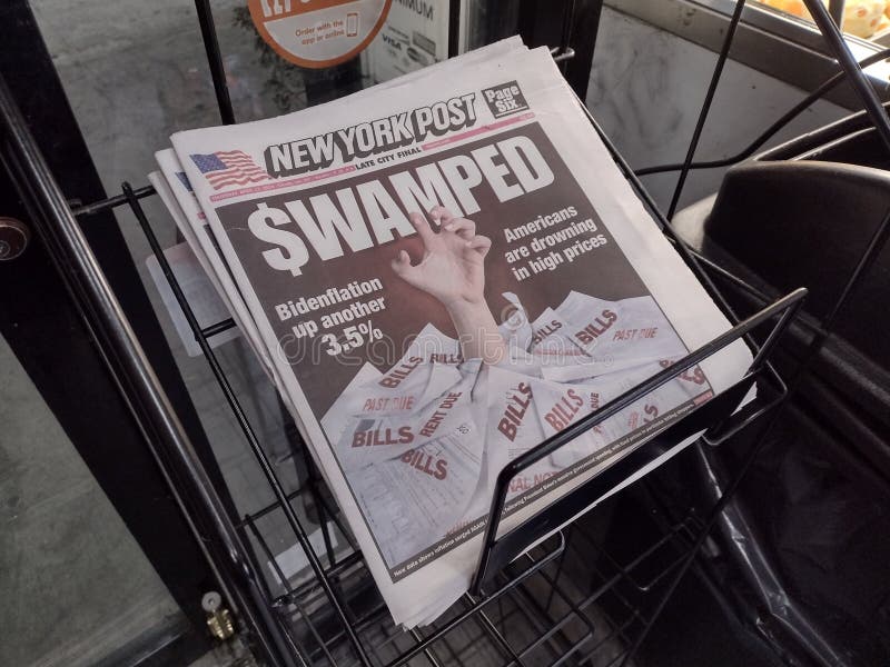 "$wamped": Cover of the New York Post with the image of a desperate hand reaching for help out of a sea of mounting bills. Americans are drowning in high prices as Bidenflation is up another 3.5%. This photo was taken in New York City, New York, on April 11th 2024. "$wamped": Cover of the New York Post with the image of a desperate hand reaching for help out of a sea of mounting bills. Americans are drowning in high prices as Bidenflation is up another 3.5%. This photo was taken in New York City, New York, on April 11th 2024.