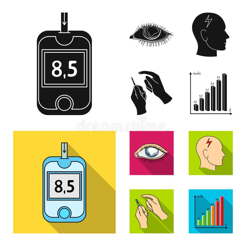 Biedny wzrok, migrena, glikoza test, insulinowa zależność Cukrzyk ustalone inkasowe ikony w czarnym, mieszkanie stylowy wektor ilustracji Biedny wzrok, migrena, glikoza test, insulinowa zależność Cukrzyk ustalone inkasowe ikony w czarnym, mieszkanie stylowy wektor ilustracji