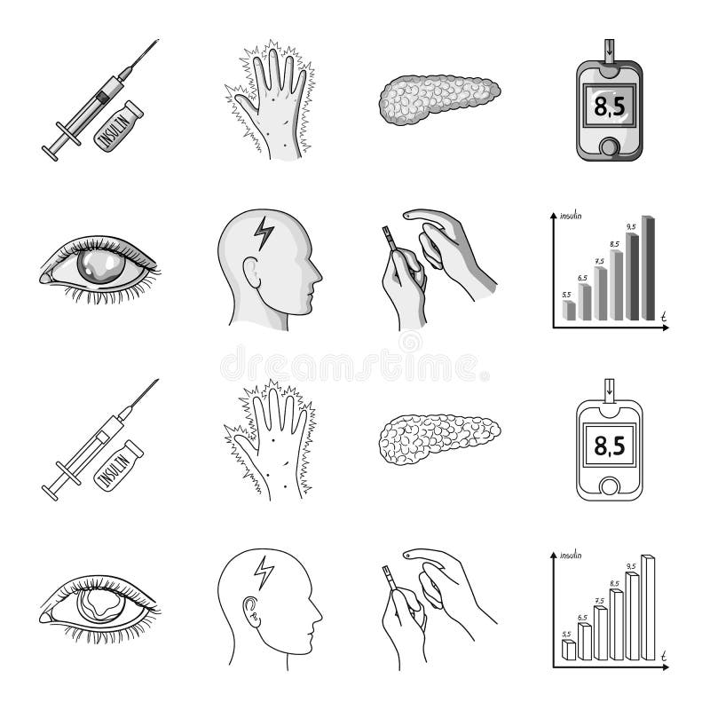 Biedny wzrok, migrena, glikoza test, insulinowa zależność Cukrzyk ustalone inkasowe ikony w konturze, monochromu styl ilustracja wektor Biedny wzrok, migrena, glikoza test, insulinowa zależność Cukrzyk ustalone inkasowe ikony w konturze, monochromu styl ilustracja wektor