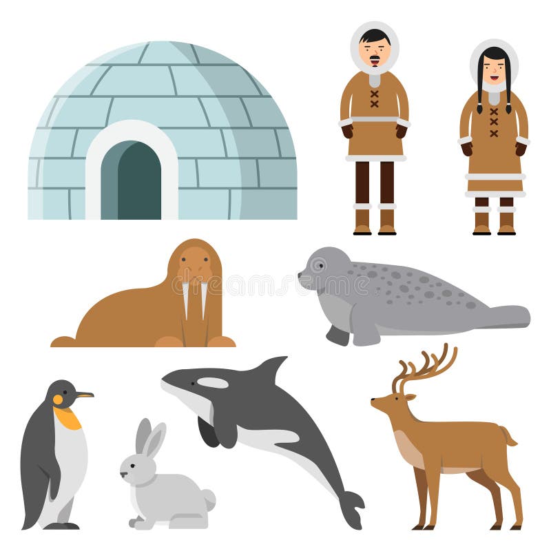 Biegunowi, arktyczni zwierzęta, i mieszkanowie północ blisko eskimo lodu domu royalty ilustracja Biegunowi, arktyczni zwierzęta, i mieszkanowie północ blisko eskimo lodu domu royalty ilustracja