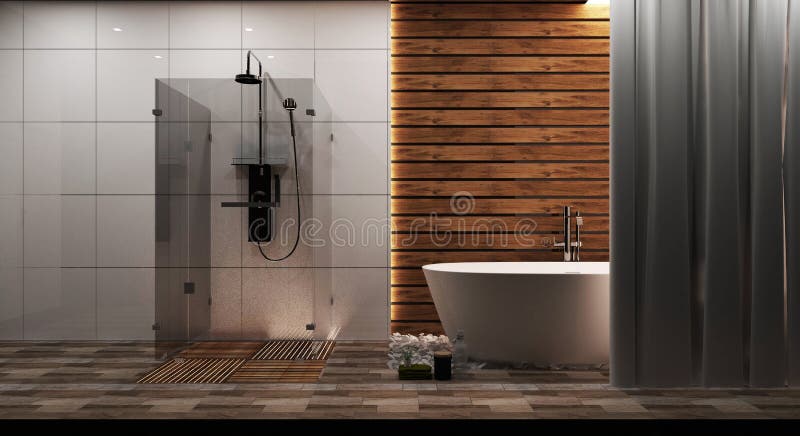 Mock up White tile and wood wall bathroom interior with a round white tub, zen style. 3d rendering. Mock up White tile and wood wall bathroom interior with a round white tub, zen style. 3d rendering