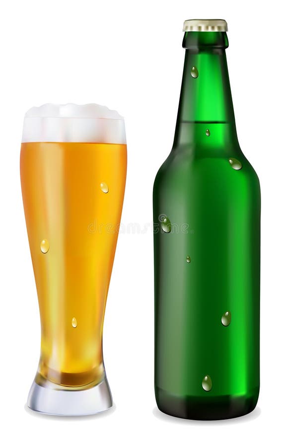 Bier in der Glas- und grünen Flasche Bier stock abbildung
