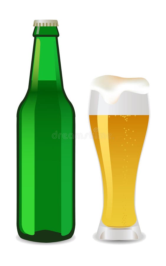 Bier in der Glas- und grünen Flasche Bier stock abbildung