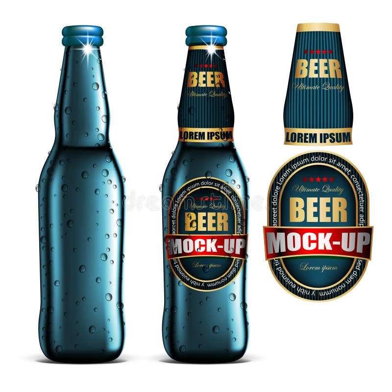 Bier-onecht-omhoog-reeks, blauwe fles zonder een etiket, fles met een labe