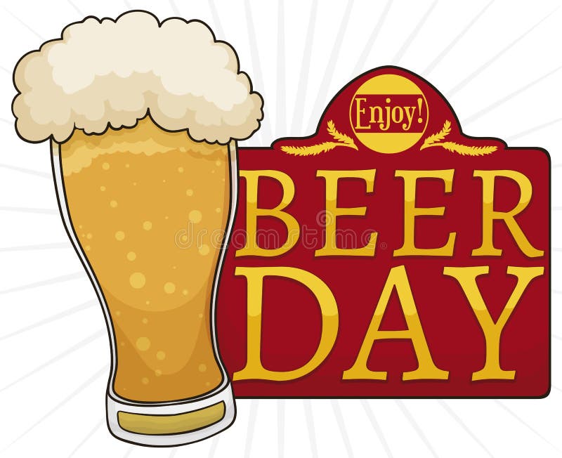 Bier, Zeichen mit rundem Aufkleber und Gerste für Bier-Tag, Vektor-Illustration lizenzfreie abbildung Bier, Zeichen mit rundem Aufkleber und Gerste für Bier-Tag, Vektor-Illustration lizenzfreie abbildung