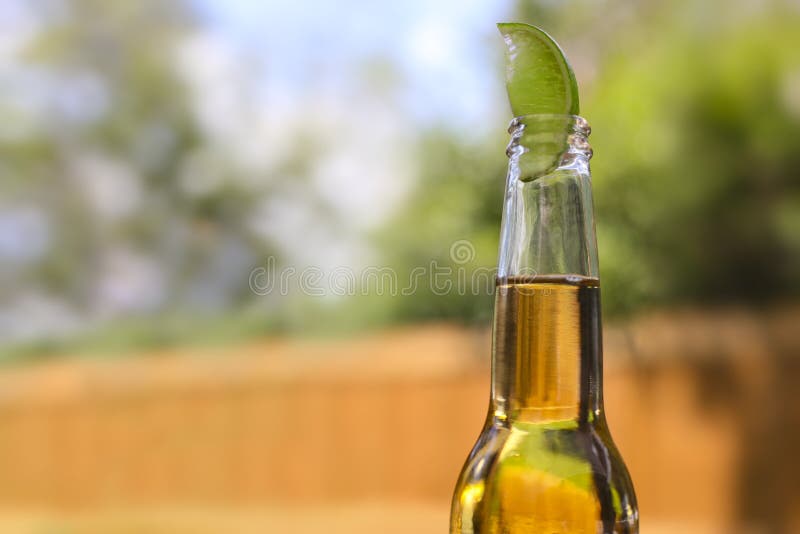 Bierfles met een kalk op bovenkant royalty-vrije stock foto Bierfles met een kalk op bovenkant royalty-vrije stock foto