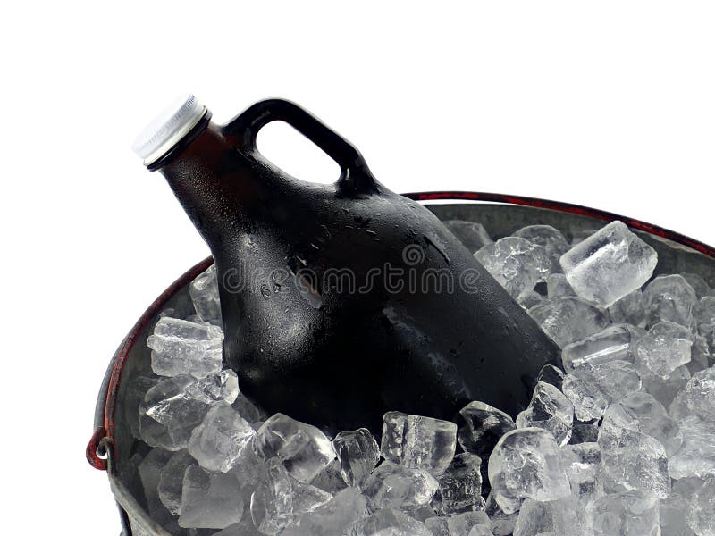 A 64 ounce beer growler in a galvanized steel ice pail. A 64 ounce beer growler in a galvanized steel ice pail.