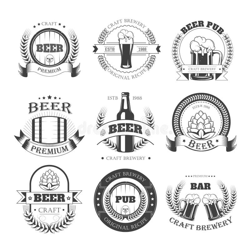 Biervektorikonen für Brauerei halten Kneipen- oder Produktaufkleber ab stock abbildung Biervektorikonen für Brauerei halten Kneipen- oder Produktaufkleber ab stock abbildung