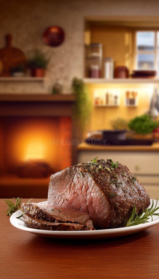 Zarter, mit Kräutern garnierter Ofenbraten in einer gemütlichen Küchenatmosphäre mit satten Farbhighlights lizenzfreie abbildung