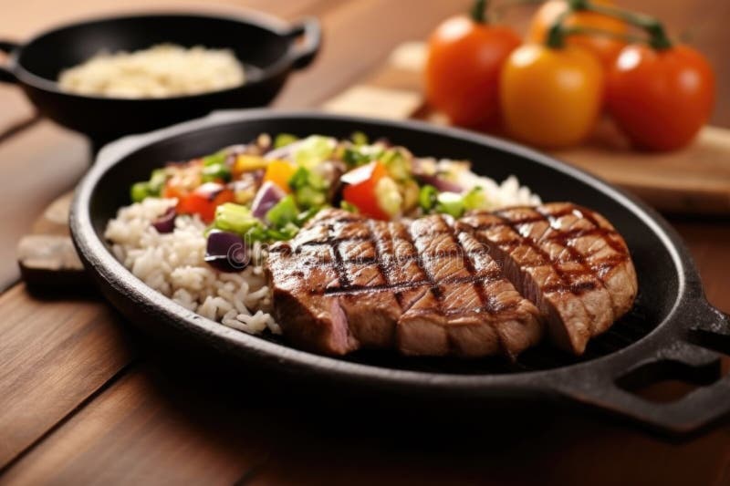 Bife de atum grelhado emparelhado com uma tigela de arroz imagem de stock