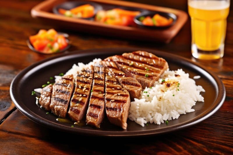 Bife de atum grelhado emparelhado com uma tigela de arroz imagem de stock royalty free