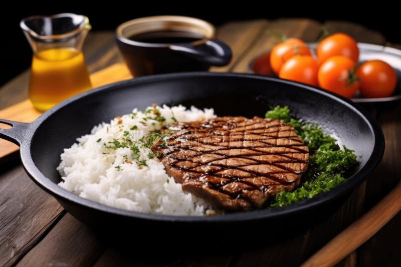 Bife de atum grelhado emparelhado com uma tigela de arroz ilustração do vetor