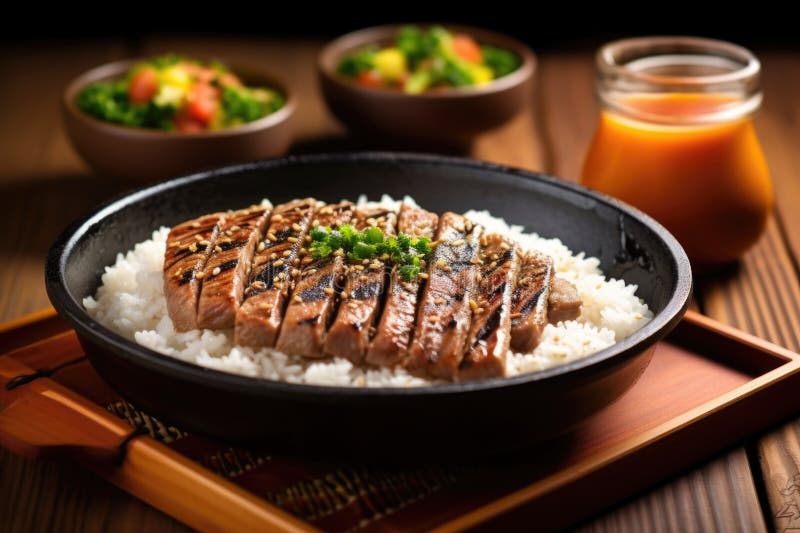 Bife de atum grelhado emparelhado com uma tigela de arroz foto de stock