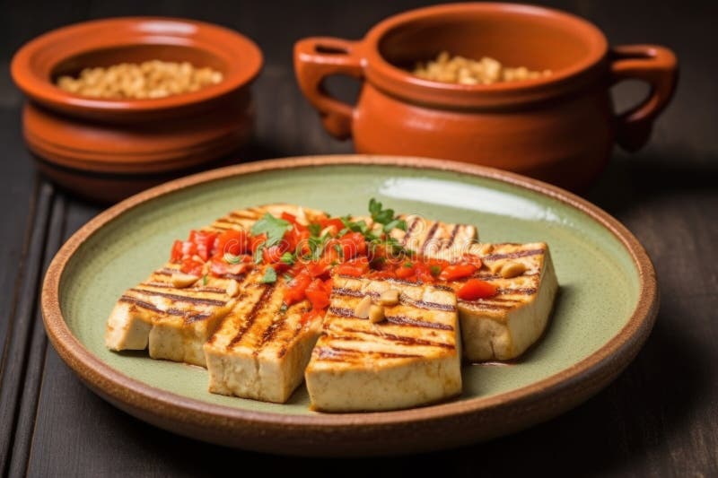 Bifes de tofu grelhados numa taça de cerâmica com molho de amendoim picante foto de stock royalty free