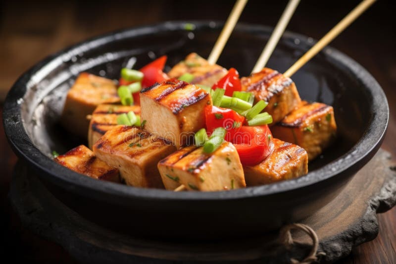 Bifes de tofu grelhados sobre um espeto de madeira sobre uma tigela de barro fotos de stock
