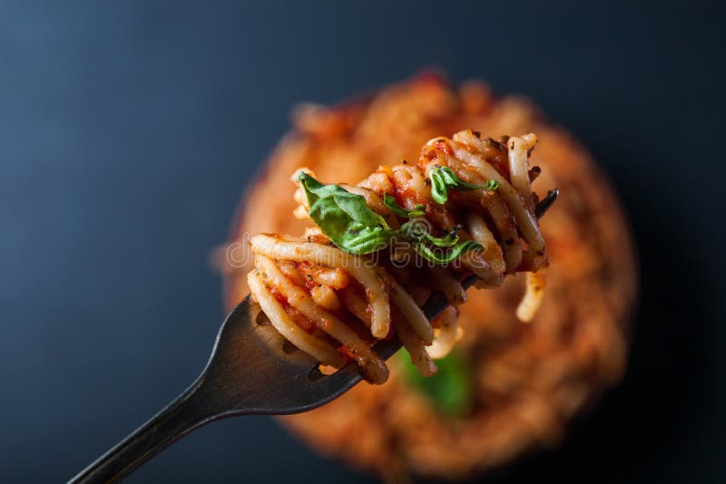 Bifurcación por completo de espaguetis italianos girados con una salsa boloñesa de la carne y de la albahaca sobre una placa de l foto de archivo Bifurcación por completo de espaguetis italianos girados con una salsa boloñesa de la carne y de la albahaca sobre una placa de l foto de archivo